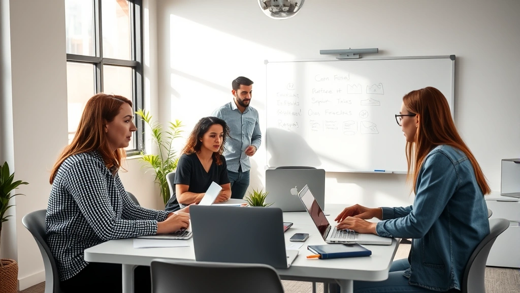 Small team collaborating in modern startup office, whiteboard visible, laptops and notes on table, diverse group engaged in discussion, afternoon sunlight