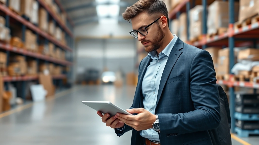 Entrepreneur analyzing growth charts on tablet while walking through warehouse or office space, business casual attire, contemplative professional demeanor