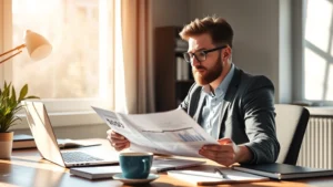 Founder at desk reviewing business plan and financial documents, morning sunlight, focused expression, coffee cup nearby, modern workspace with laptop and notebook