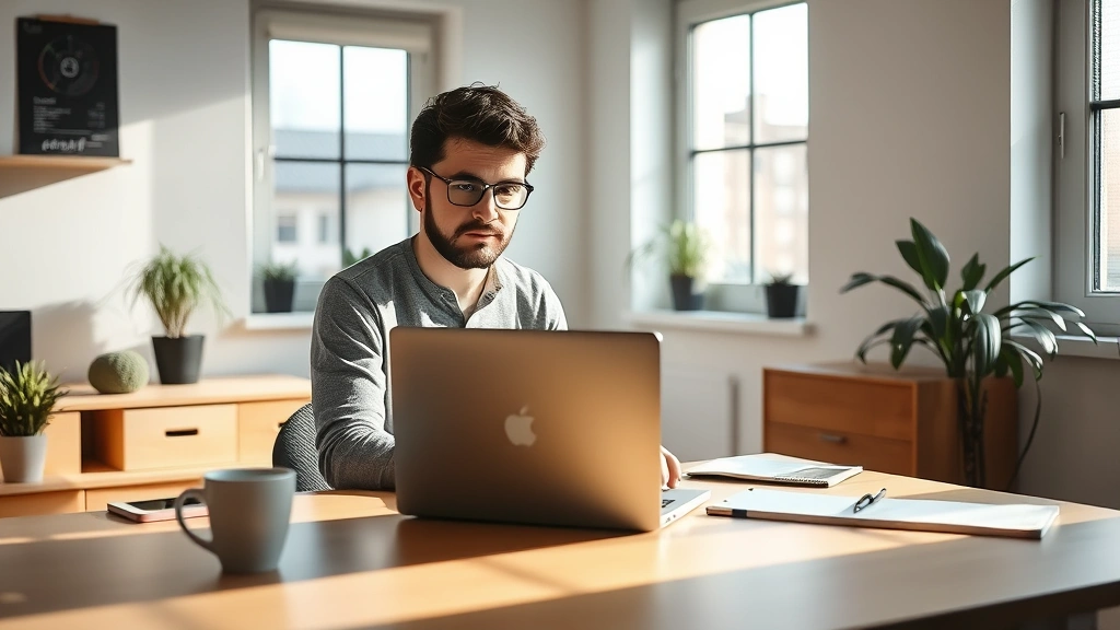 Founder working at a laptop in a minimal startup office, focused and determined, natural lighting from window, coffee cup on desk, real entrepreneurial workspace