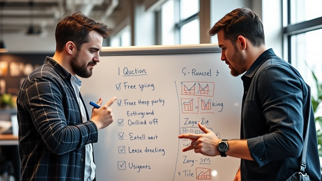 Two co-founders having an intense discussion over a whiteboard, both engaged and thoughtful, modern office setting, collaborative energy, photorealistic