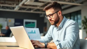 Founder reviewing financial dashboards and metrics on laptop in modern startup office, focused analytical expression, natural lighting, professional casual attire