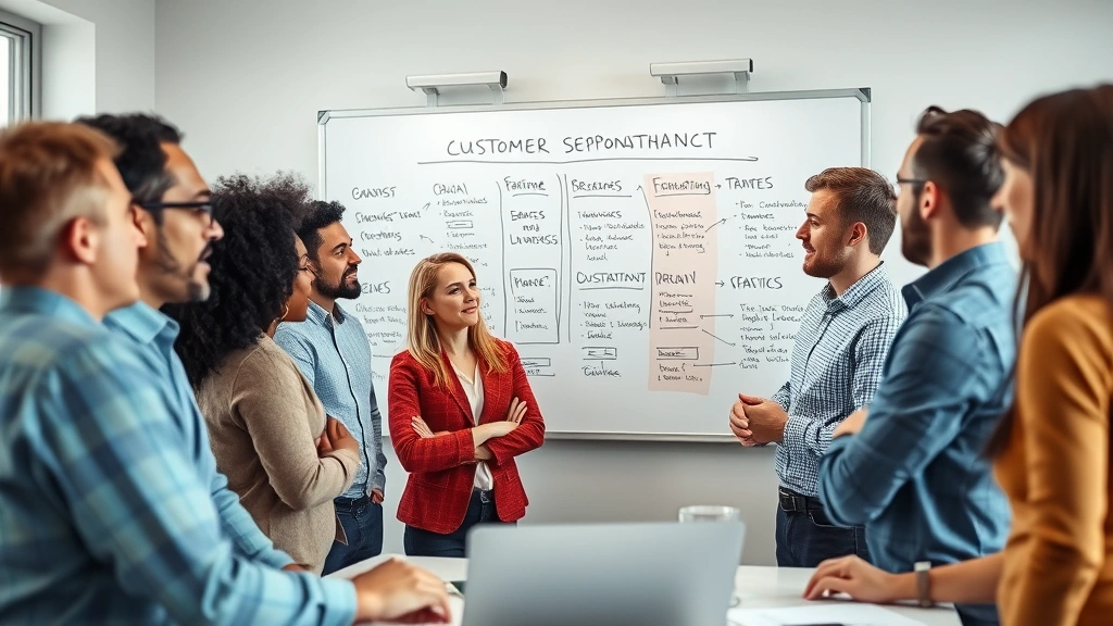 Team collaborating around whiteboard discussing business strategy and customer segments, diverse group, energetic but concentrated atmosphere, bright workspace
