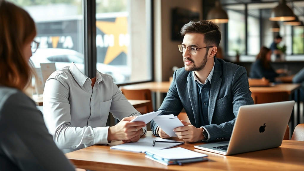 Entrepreneur taking notes during customer interview at coffee shop, laptop nearby, genuine conversation moment, natural candid lighting, business casual setting