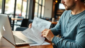 Founder sketching business model on coffee shop napkin with laptop open, natural daylight, genuine entrepreneurial moment