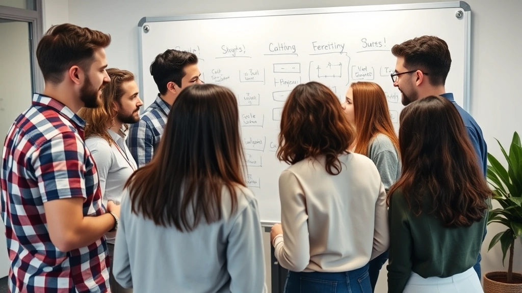 Team collaborating around whiteboard during brainstorm session, diverse group engaged in discussion, startup office environment