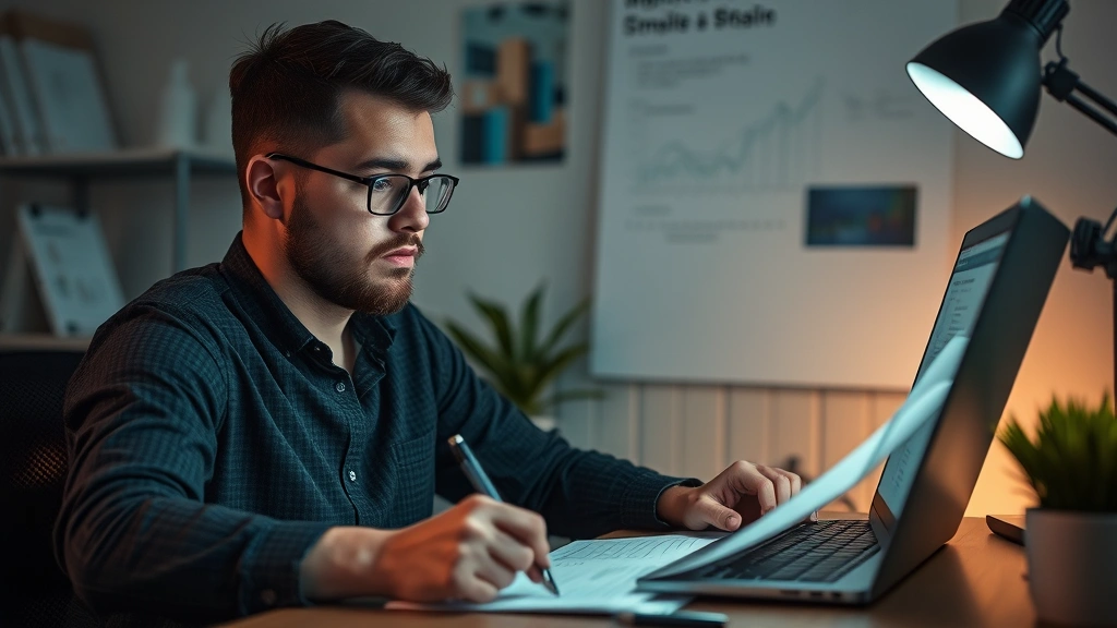 Solo founder at desk late evening reviewing customer feedback notes and metrics, contemplative expression, realistic startup hustle