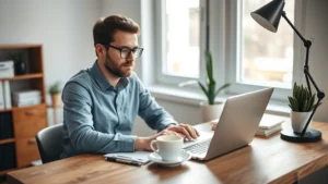 Founder working at wooden desk with laptop and coffee, focused expression, natural morning light from window, modern minimalist workspace