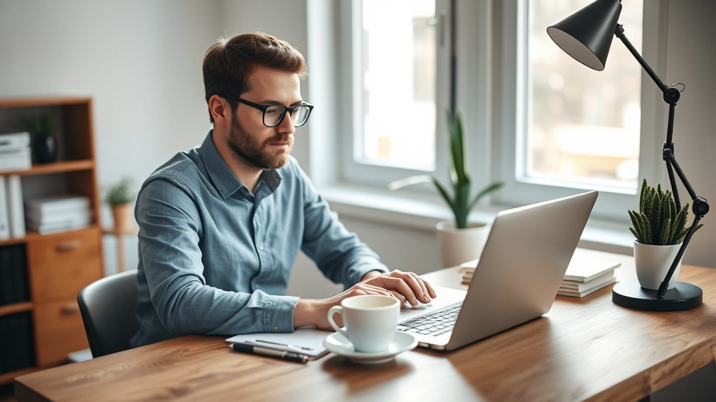 Founder working at wooden desk with laptop and coffee, focused expression, natural morning light from window, modern minimalist workspace