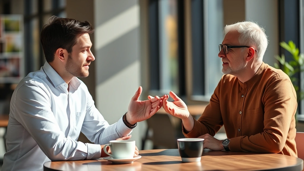 Two entrepreneurs in casual discussion over coffee at table, one explaining concept with hand gestures, genuine engagement, bright natural lighting