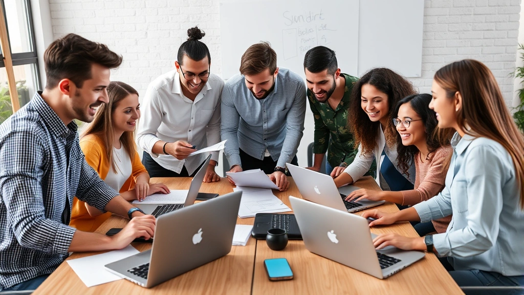 Startup team collaborating around desk with notebooks and laptops, diverse group, energized atmosphere, casual business attire, candid moment