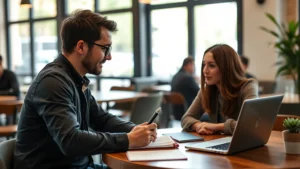 Founder taking notes during a customer interview at a coffee shop, leaning forward engaged, natural lighting, laptop on table
