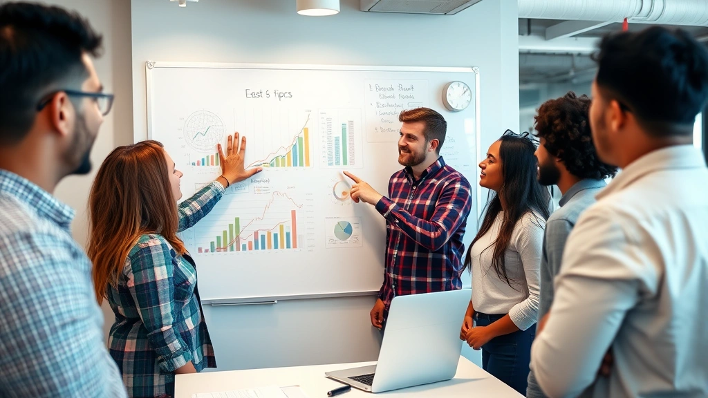 Startup team reviewing metrics on a whiteboard in a modern office, diverse group pointing at growth charts, focused energy
