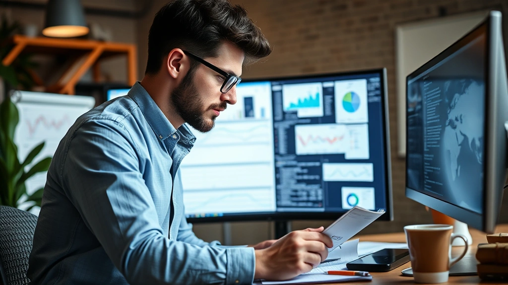 Entrepreneur analyzing data on a computer screen, taking notes, cup of coffee nearby, thoughtful expression, startup workspace