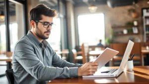 A founder working at a coffee shop with laptop and notebook, focused and determined expression, natural morning light streaming through windows, casual but professional setting