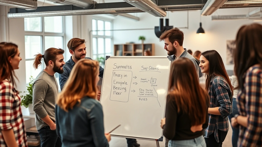 Team of young entrepreneurs in a startup office, gathered around a whiteboard collaborating, diverse group, energetic and engaged atmosphere, modern coworking space
