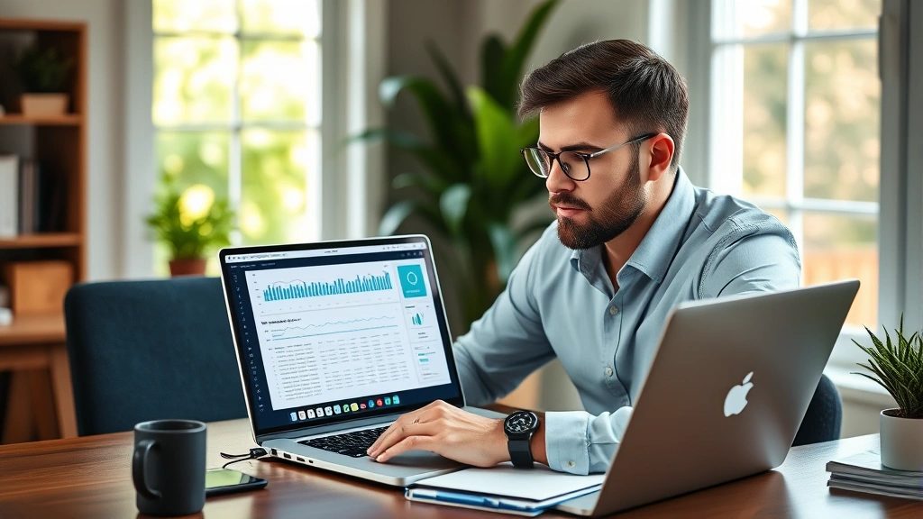 Founder reviewing business metrics on laptop at desk, analytical expression, spreadsheets visible on screen, professional home office environment, mid-morning natural lighting
