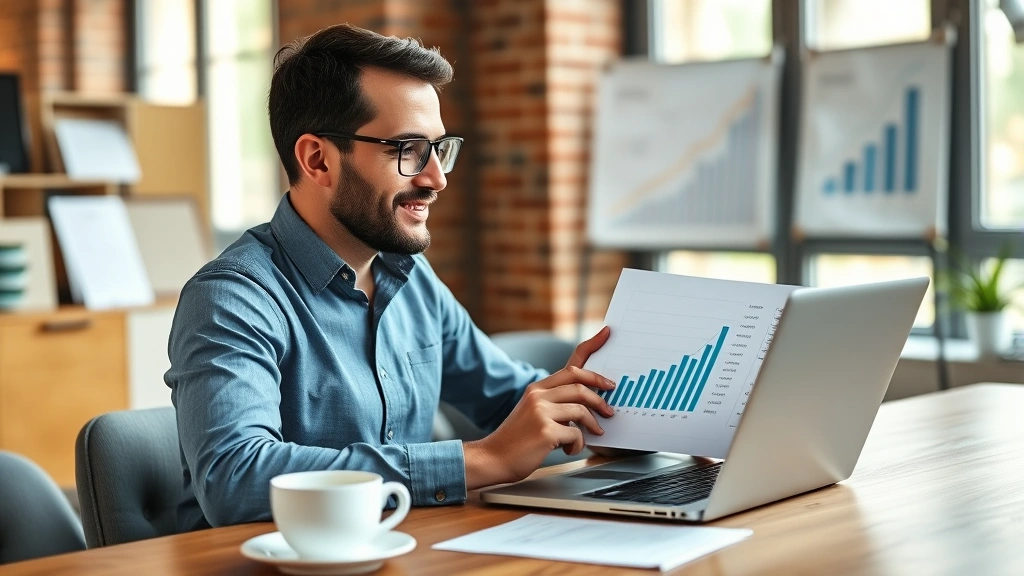 Founder reviewing financial spreadsheets and growth charts on laptop, sitting at wooden desk in startup office, natural daylight, focused expression, coffee cup nearby, professional but casual attire