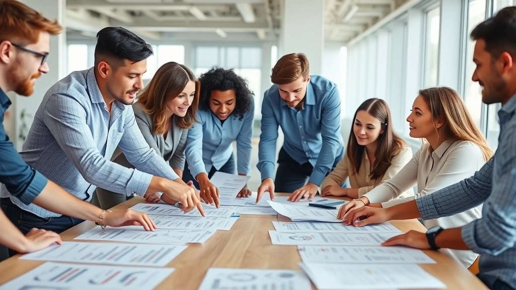 Team collaborating around a large table with printed reports and data sheets, pointing at financial documents, bright modern office space, diverse group, engaged and analytical mood