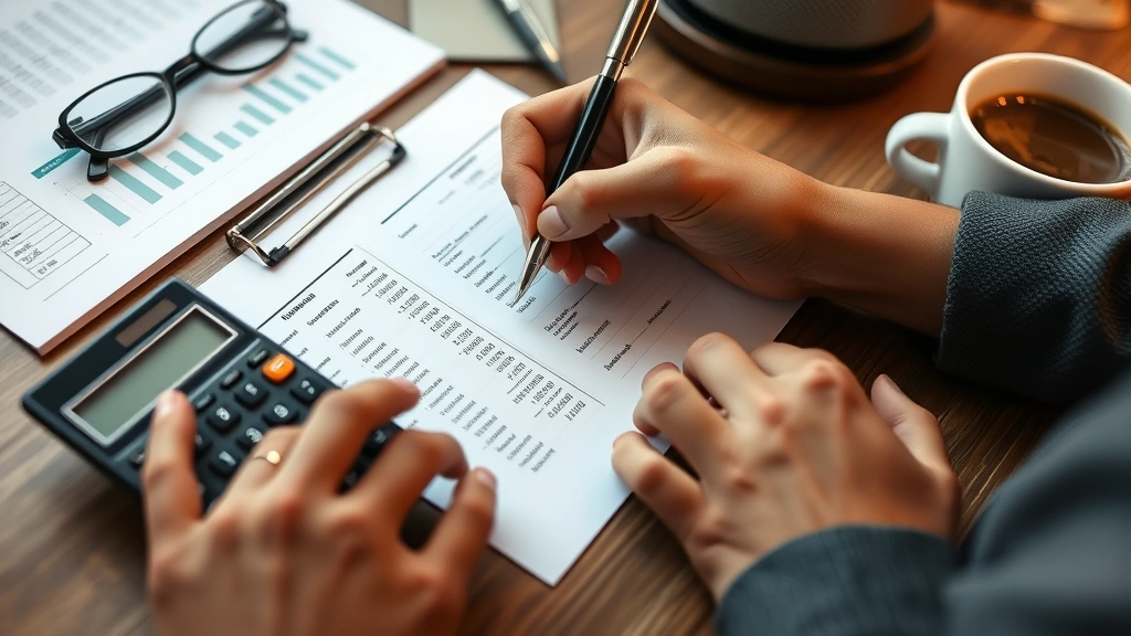 Close-up of hands writing financial notes and calculations on blank paper, calculator visible, minimalist workspace with coffee, warm lighting, entrepreneurial hustle aesthetic
