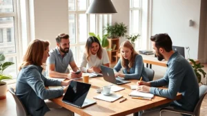 Diverse founder team brainstorming around a wooden table with coffee, notebooks, and laptops in a sunlit modern office space, energetic collaborative atmosphere