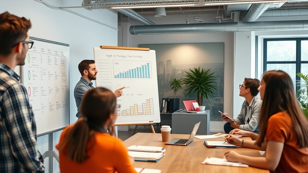 Entrepreneur presenting data insights on a whiteboard to engaged colleagues in a startup workspace, everyone taking notes, focused and motivated
