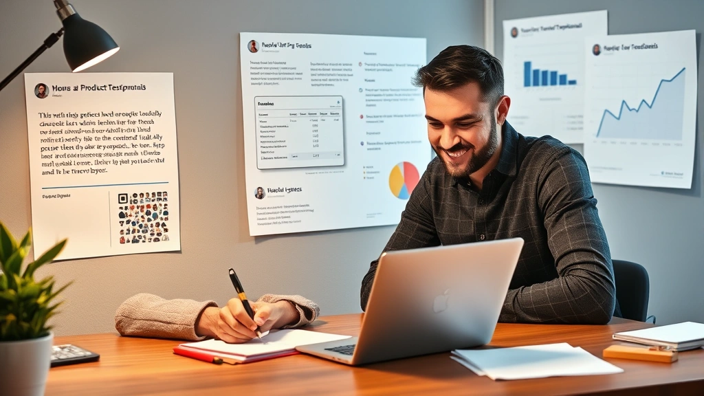 Founder reviewing product feedback on laptop while taking notes, surrounded by customer testimonials and growth charts on desk, satisfied expression