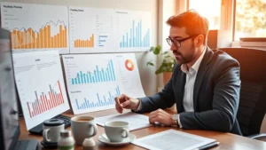Founder reviewing financial dashboards and metrics on desk with coffee, focused and determined, natural lighting, realistic business environment