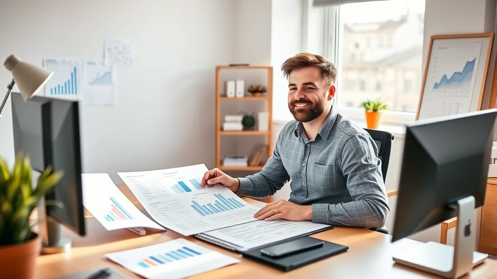 Founder at desk with financial spreadsheets and growth charts, focused expression, natural morning light from window, modern minimalist office
