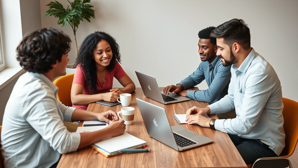 Small team collaborating around table with laptops and notebooks, genuine conversation and engagement, coffee cups visible, diverse group