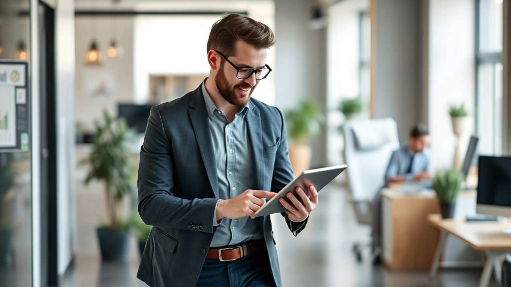Entrepreneur reviewing business metrics on tablet while walking through their office space, confident posture, professional casual attire, contemporary workspace