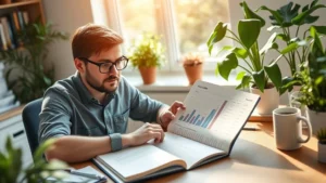 Founder working at desk in morning light, notebook open with business metrics, coffee mug nearby, focused expression, natural workspace with plants, entrepreneurial but grounded atmosphere