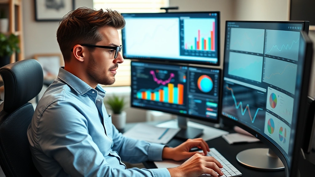 Founder reviewing business dashboards on multiple monitors in home office, calm and confident expression, long-term planning materials visible, representing data-driven decision making and patient growth