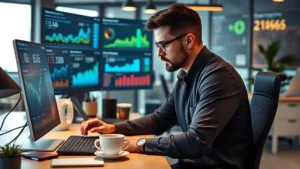 Founder reviewing financial dashboards and metrics on desk with coffee, focused and analytical, modern startup office environment