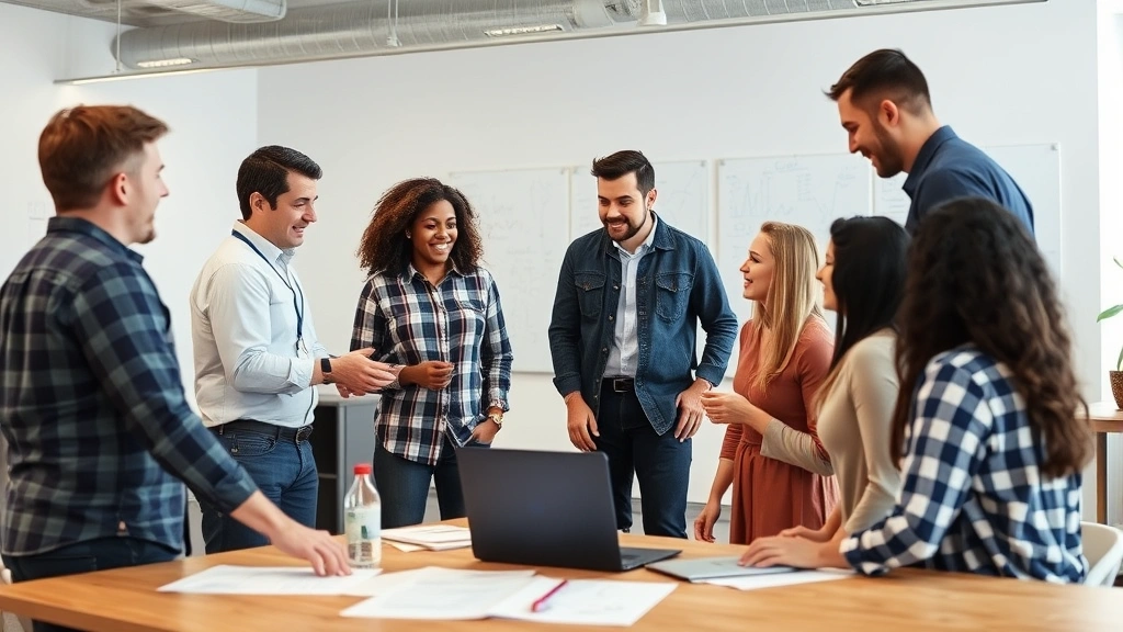 Diverse team collaborating in open office space during planning meeting, whiteboards visible in background, engaged and energetic