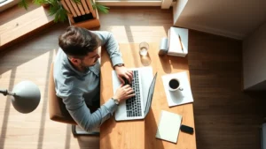 Overhead shot of entrepreneur working at wooden desk with laptop, coffee, and notebook, natural sunlight streaming through window, focused expression, minimal workspace setup, startup environment