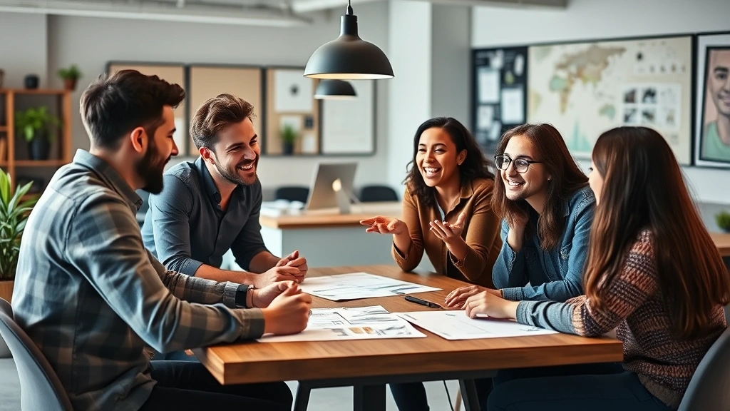 Young diverse founders having animated discussion around table with sketches and notes, collaborative energy, casual office space, problem-solving body language, creative entrepreneurship