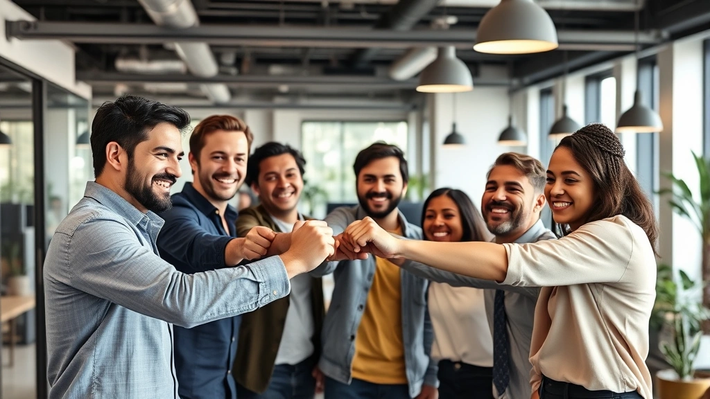 Founder celebrating with small team in modern office, genuine smiles, fist bump moment, diverse group, successful milestone achievement, authentic workplace culture