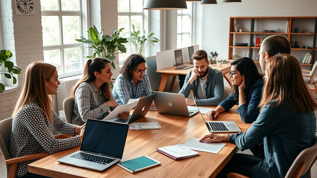 Diverse group of entrepreneurs in a startup office having an animated discussion around a wooden table with laptops and notepads, natural window lighting, collaborative energy, real conversation happening