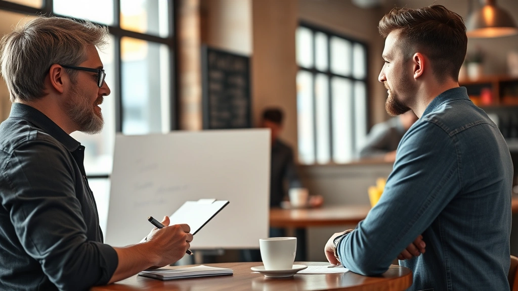 Founder writing notes on a whiteboard while talking to a customer in a casual coffee shop setting, both engaged in conversation, warm natural lighting, authentic interaction moment