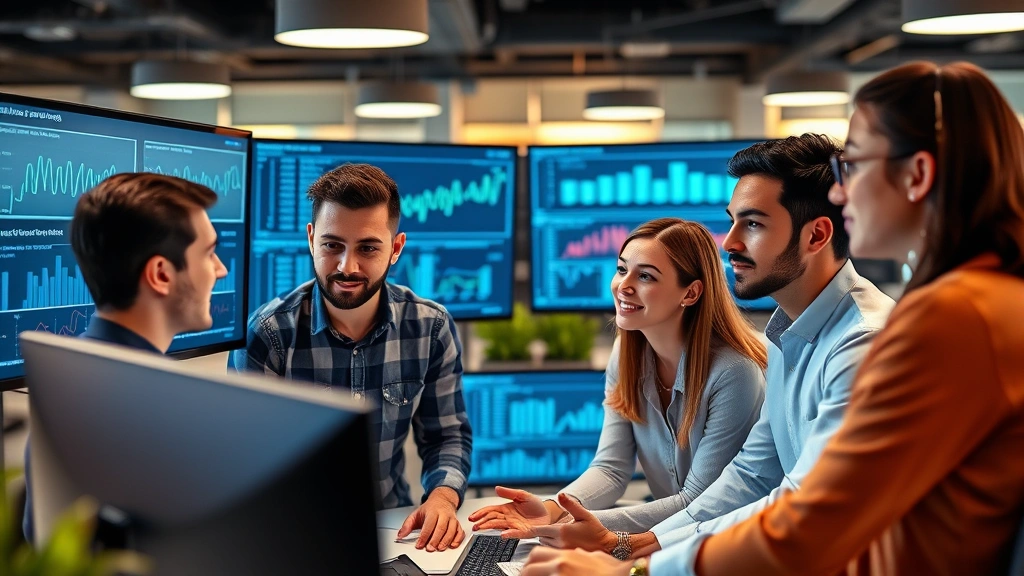 Team of young founders reviewing metrics on large monitors in a modern office space, focused expressions, data visualization visible on screens, collaborative problem-solving atmosphere