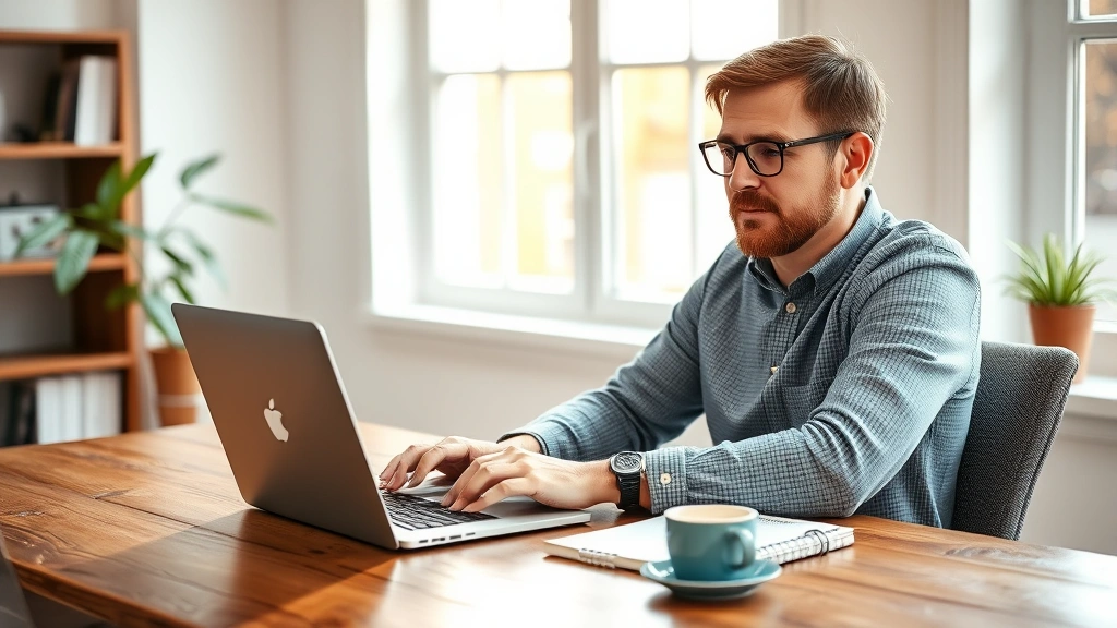 Founder sitting at wooden desk with laptop and notebook, morning light from window, focused expression, coffee cup nearby, real office environment