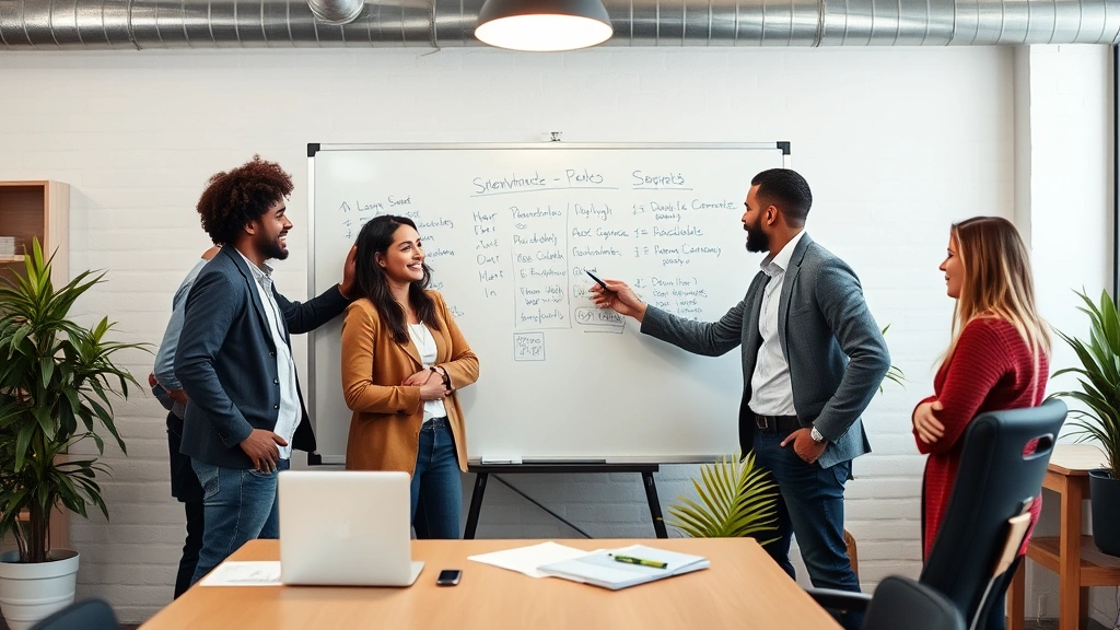 Team of four diverse professionals in startup office space collaborating around whiteboard, energetic but concentrated atmosphere, casual business attire