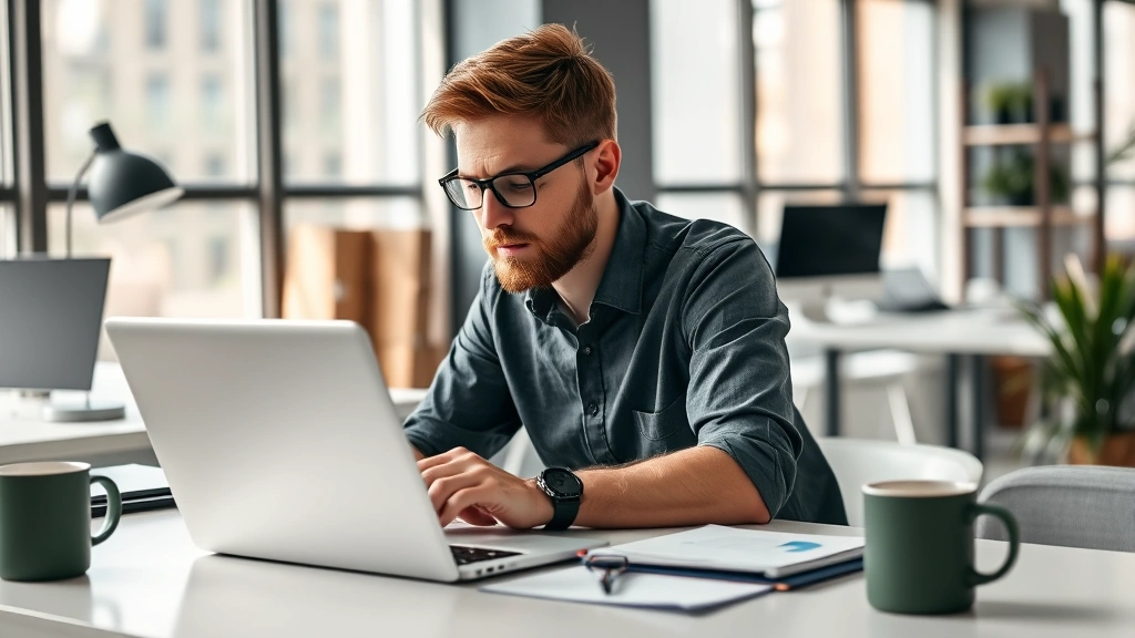 Founder at desk reviewing financial spreadsheets and metrics on laptop, coffee mug nearby, focused expression, modern startup office environment, natural lighting