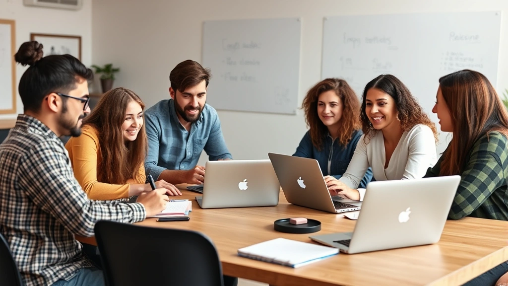 Team of diverse early-stage employees collaborating around table with laptops and notebooks, energetic discussion, creative workspace with whiteboards in background