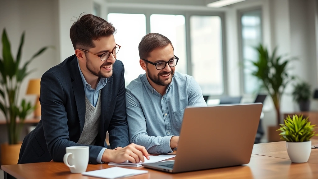 Founder mentoring junior team member, both looking at laptop screen, teaching moment, professional but relaxed atmosphere, bright contemporary office space