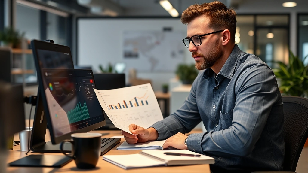 Founder reviewing financial dashboards and business metrics on a desk with coffee and notebooks, focused and determined expression, modern startup office environment