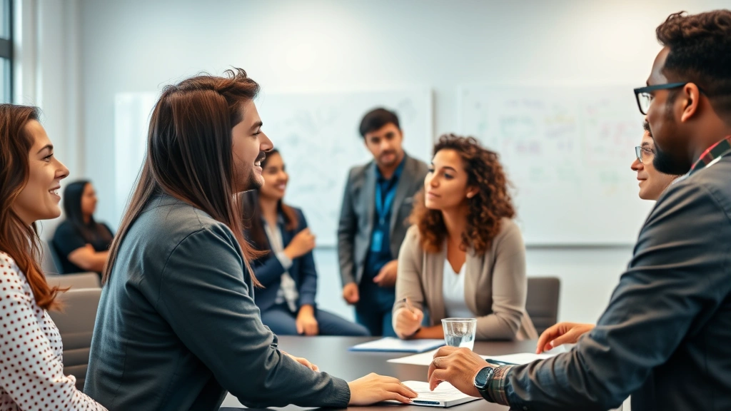 Diverse team collaborating in a meeting room, engaged conversation, whiteboards with sketches visible in background, authentic workplace energy
