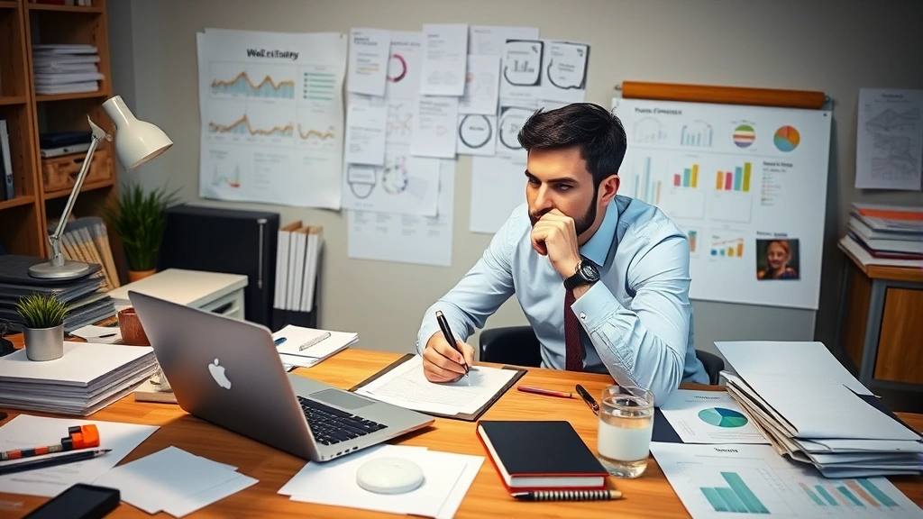 Entrepreneur at desk documenting processes and systems, taking notes, laptop open, organized workspace with planning materials, thoughtful expression