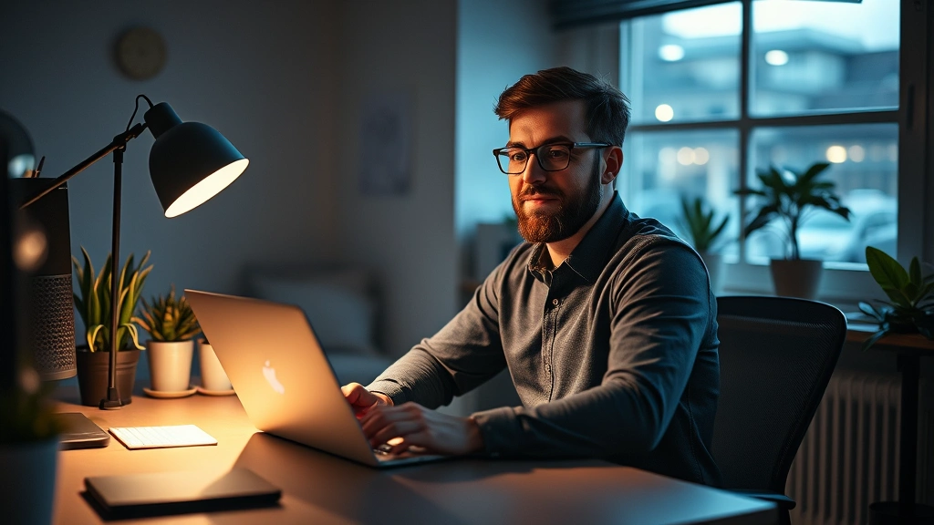 Founder at desk late at night with coffee and laptop, natural lighting through window, focused expression, realistic startup workspace with minimal decor